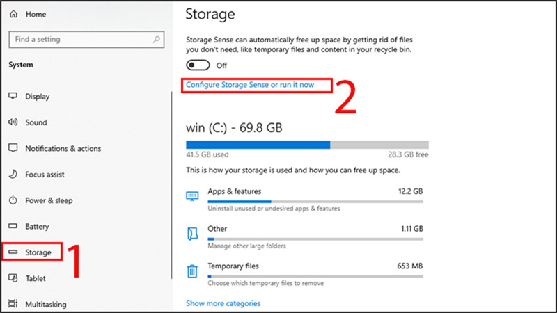  Configure Storage Sense or run it now để hệ thống tự dọn dẹp sau này